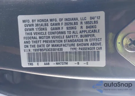 2012 Honda Civic Natural Gas из США, поврежденный, VIN 19XFB5F53CE001630